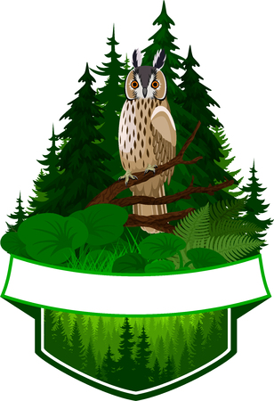 vector woodland emblem with owlのイラスト素材