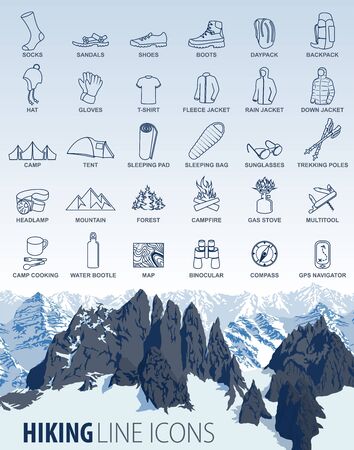 vector set of thin line hiking camping travel Icons with mountains backgroundのイラスト素材