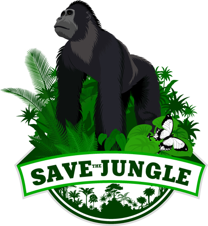 Vector Jungle Emblem with western gorilla and butterfly.のイラスト素材