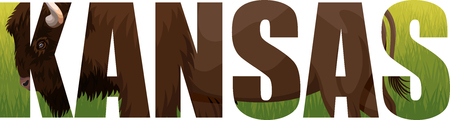 vector Kansas - American state word with zubr buffalo bison and grasslandのイラスト素材