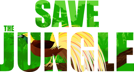 Vector tropical rainforest illustration with lesser bird of paradise or Paradisaea minor and Save the jungle textのイラスト素材