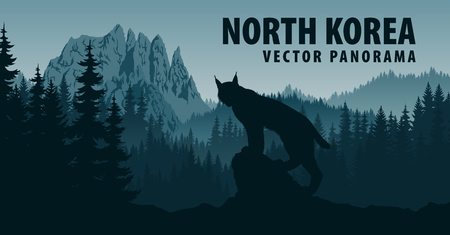 vector panorama of North Korea with mountain Chilbosan and lynx in woodlandのイラスト素材