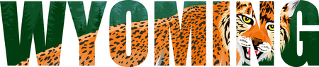 Wyoming text, American state word with lynx and mountains forestland forest.のイラスト素材