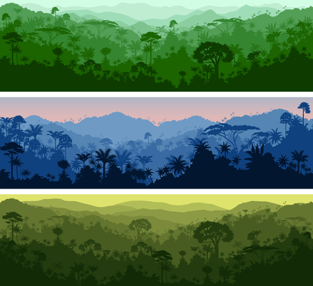 Set of vector horizontal seamless tropical rainforest Jungle backgroundsのイラスト素材