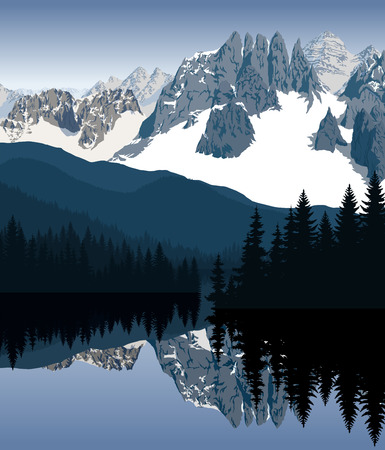 A Vector illustration  lake in the morning mountainsのイラスト素材