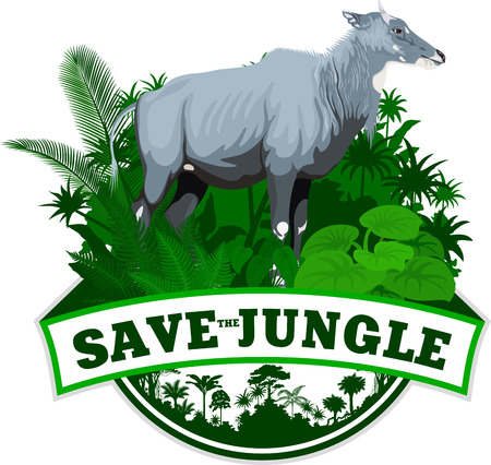 Vector Jungle rainforest Emblem with male nilgai antelope - blue bullのイラスト素材