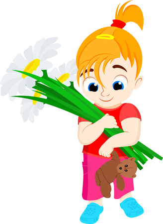 vector flat kid girl with bear toy and flowersのイラスト素材