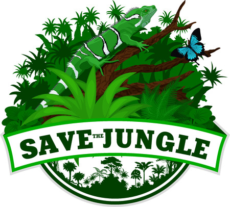 Vector Jungle Emblem with vFiji banded iguana and butterflyのイラスト素材