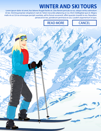 Winter snow sports illustration with girl in mountains ski resortのイラスト素材
