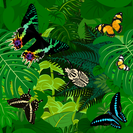 Seamless african tropical rainforest jungle background with butterfliesのイラスト素材