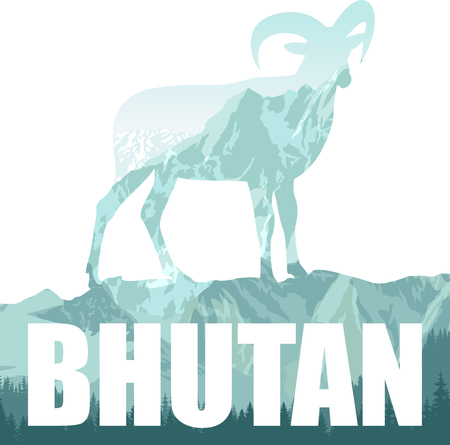 vector Bhutan illustration with himalayan mountain goatsのイラスト素材