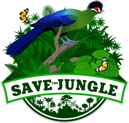 Vector Jungle Emblem withHartlaub's turaco and butterfliesのイラスト素材