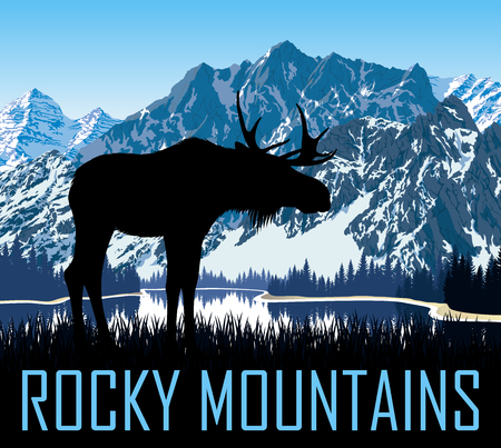 vector rocky mountains with mooseのイラスト素材