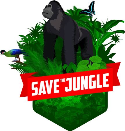 vector jungle rainforest emblem with male gorilla, Hartlaub's turaco and broadly green-banded swallowtail butterflyのイラスト素材