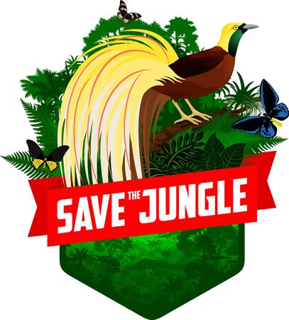 vector jungle rainforest emblem with Lesser Bird of Paradise and birdwings butterfliesのイラスト素材
