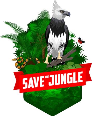 vector jungle rainforest emblem with harpy eagleのイラスト素材