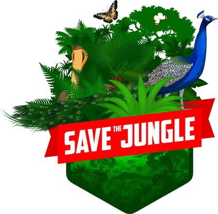 vector jungle rainforest emblem with male peacock peafowl, cobra snake and butterfliesのイラスト素材