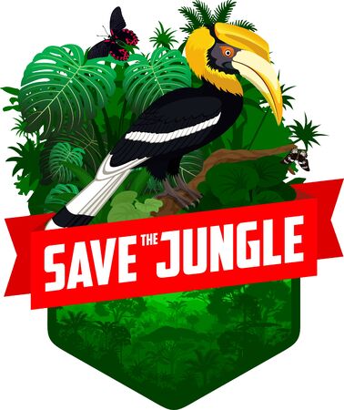 vector jungle rainforest emblem with great hornbill and butterfliesのイラスト素材