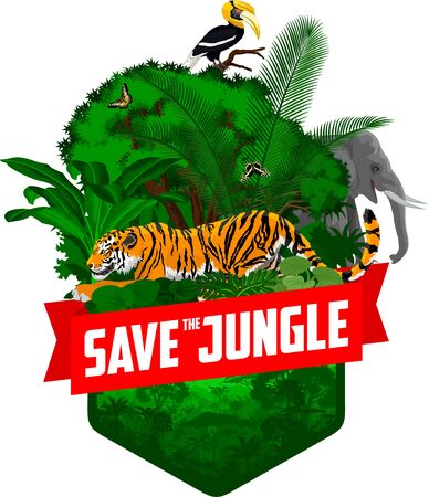 vector jungle rainforest emblem with tiger, elephant, great hornbill and butterfliesのイラスト素材