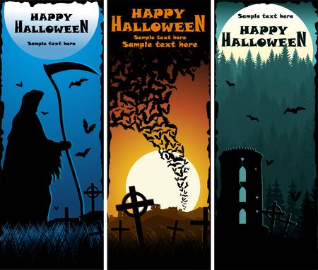 Vector Scary Halloween Banners with Grim Reaper, Bats and tower in woodlandのイラスト素材