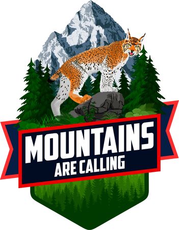 The Mountains Are Calling. vector Outdoor Adventure Inspiring Motivation Emblem  o illustration with lynxのイラスト素材