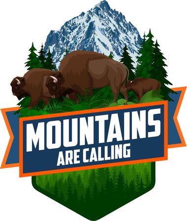 The Mountains Are Calling. vector Outdoor Adventure Inspiring Motivation Emblem   illustration with family of brown zubr buffalo bisons with kidのイラスト素材
