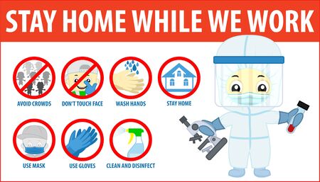 vector Coronavirus infographics. Prevention of CoV-2019 are shown for quarantine. Use mask and gloves, wash hands with soap, avoid crowds, don't touch face and stay at home. Doctor with microscope.のイラスト素材