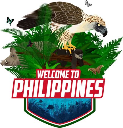Vector Philippines jungle rainforest emblem with coral reef, giant atlas moth, bearded pig and philippine eagle with monkeyのイラスト素材