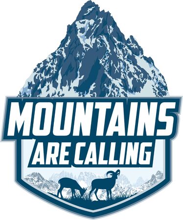 The Mountains Are Calling. vector Outdoor Adventure Inspiring Motivation Emblem   illustration with himalayan mountain goatsのイラスト素材