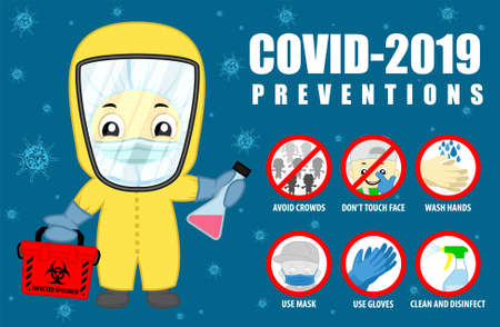 Coronavirus preventive signs. Basic protective measures against the new coronavirus. Vector guidance to stay healthy from Covid-19 and Doctor in virus protection suitのイラスト素材