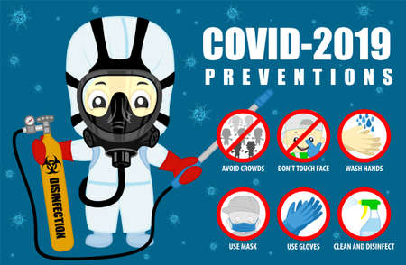 Coronavirus preventive signs. Basic protective measures against the new coronavirus. Vector guidance to stay healthy from Covid-19 and medical scientist disinfectorのイラスト素材