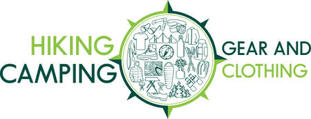 Vector outdoor gear label. Corporate identity template with hiking and camping line iconsのイラスト素材