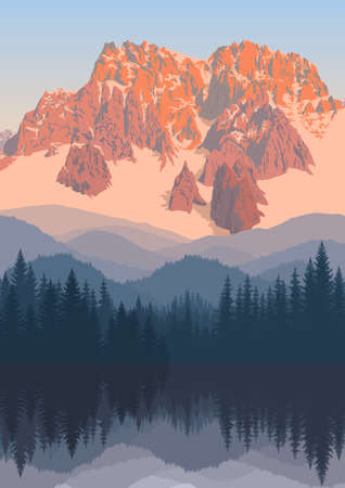 vector morning in beautiful mountains lakeのイラスト素材