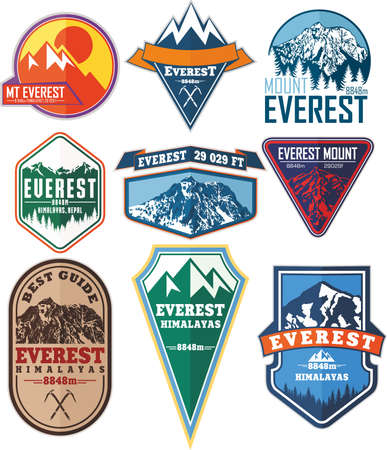 set of Vector Everest mountain logo. Emblem with highest peack in world. Mountaineering label illustrationのイラスト素材