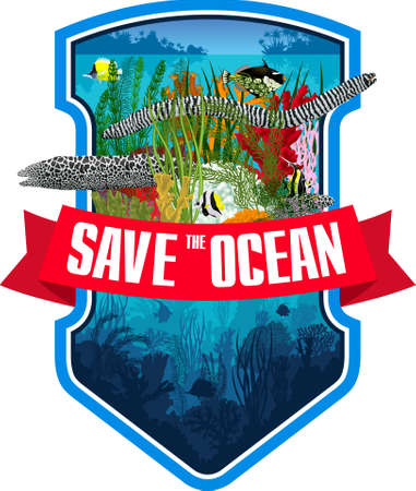 Vector emblem with Moray Eels, coral reef and colorful tropical fishesのイラスト素材
