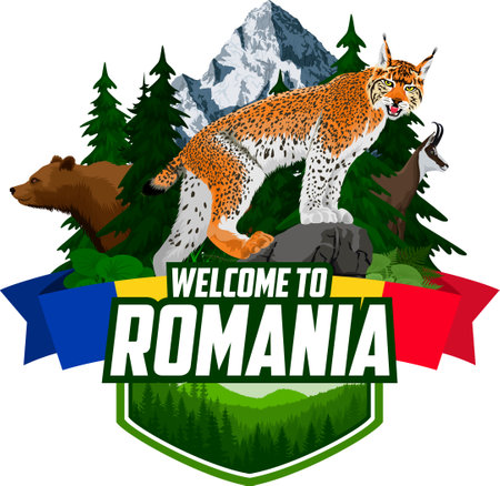 Vector Romania mountains forest emblem with lynx, bear and chamoisの素材 [FY310160674687]