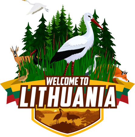 Vector Lithuania wetland forest emblem with storks, deer, fox, bittern and heronのイラスト素材