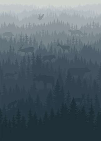 vector mountains forest background texture seamless pattern with animals: eagle, puma, bear, lynx, moose, wolf, deer, boar.のイラスト素材