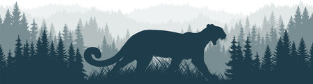 vector mountains forest woodland background texture seamless pattern with Puma, Cougar, mountain lionのイラスト素材