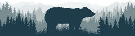 vector mountains forest woodland background texture seamless pattern with brown grizzly bearのイラスト素材