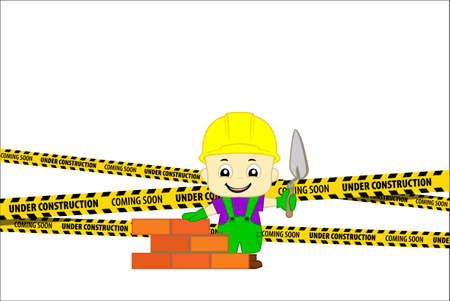 Under Construction Concept with cute bricklayer masonry worker with helmet and trowel putty knife. flat design vector illustrationのイラスト素材