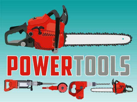 Vector illustration with chain saw and Different Power Toolsのイラスト素材