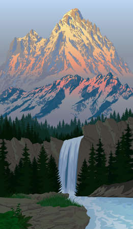 vector beautiful waterfall in evening mountainsのイラスト素材