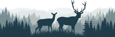 vector mountains forest woodland background texture seamless pattern with couple of white tailed deersのイラスト素材