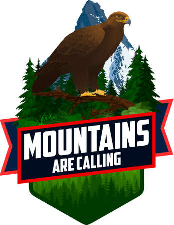 The Mountains Are Calling. vector Outdoor Adventure Inspiring Motivation Emblem logo illustration with golden eagleのイラスト素材