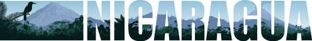 vector panorama of Nicaragua with vulcano in jungle rainforest and Turquoise browed Motmotのイラスト素材