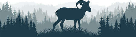 vector mountains forest woodland background texture pattern with desert bighorn sheepのイラスト素材