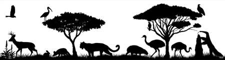 Seamless panorama of the pampas with puma, rhea, Pampas fox, rabbit, giant anteater, capybara, pampas deer, white-faced ibis and eagleのイラスト素材
