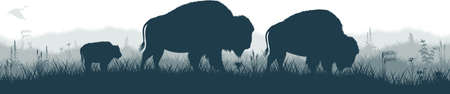 Seamless panorama of the prarie with brown zubr buffalo bison family, heron and Prairie dogのイラスト素材