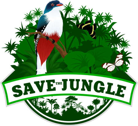 vector jungle rainforest emblem with Cuban trogon and butterfliesのイラスト素材